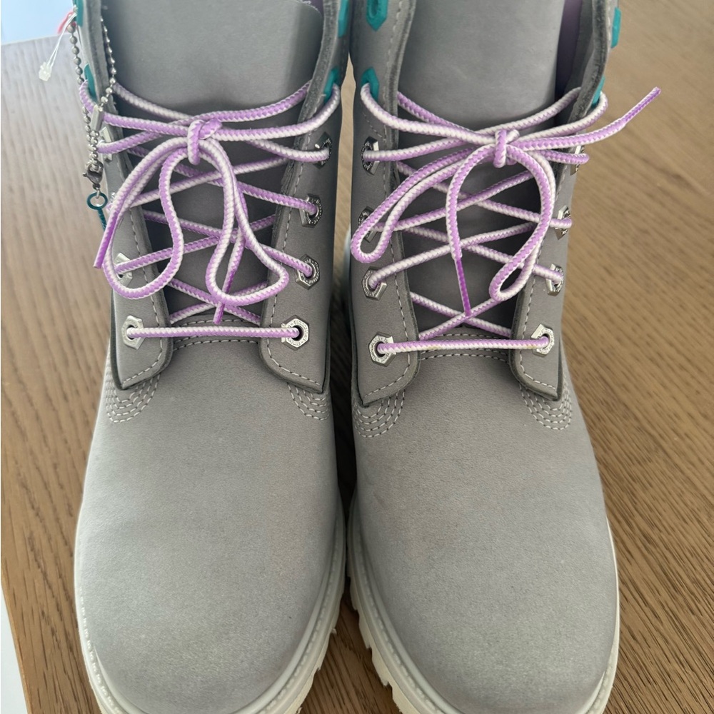 Timberland Gray Ankle Boots with Purple Laces- **Brand New with tags**